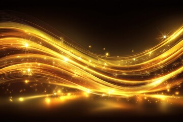 Obraz premium A dynamic abstract design featuring golden waves and sparkling lights against a dark background, evoking a sense of elegance and movement.
