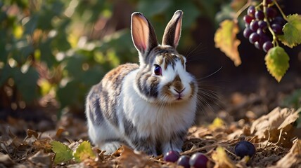 Fototapeta premium Adorable fluffy rabbit in an autumn vineyard with ripe grapes, a charming seasonal nature Mockup design.