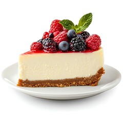 Slice of Cheesecake Topped with Mixed Berries and Mint on White dessert sweet