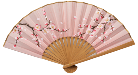 A pink hand fan with cherry blossom design, wooden handle, and a traditional asian aesthetic on transparent background