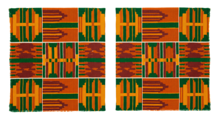 Two panels of kente cloth featuring geometric patterns in orange green and brown colors on a black background on transparent background