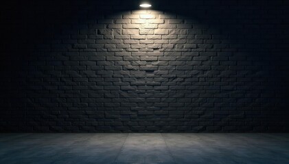 Dark studio, spotlight on black brick wall, concrete floor , light, setting, dark