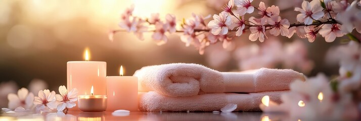 Pink flowers and candles perfectly create an atmosphere of tranquility. Relaxation. Spa concept