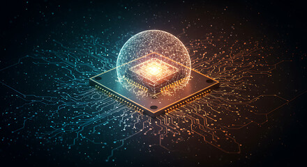 Glowing digital fingerprint on a circuit board with abstract energy burst