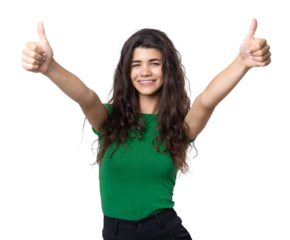 Close-up portrait of attractive surprised girl, showing thumbs up gesture. Success luck concept.