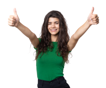 Close-up portrait of attractive surprised girl, showing thumbs up gesture. Success luck concept.