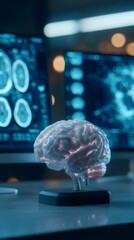 A clear human brain model with glowing connections on a desk. Scientific research, technology and intelligence concept.