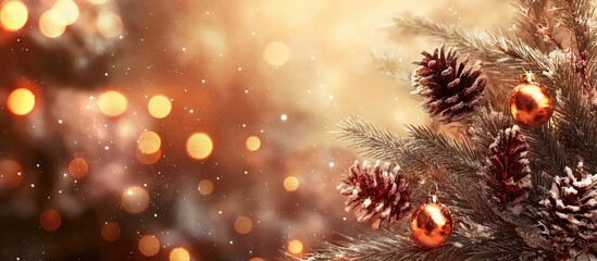 Festive layout surrounded by snow-covered pine branches and pine cones, decorations and warm bokeh lights. Ideal for Christmas or New Year designs.