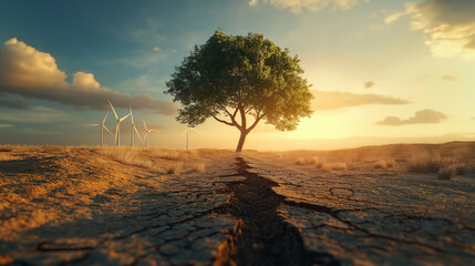 A lone tree stands in a cracked desert landscape at sunset time