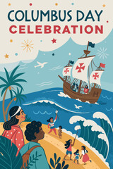 Columbus Day celebration with historical sailing ship and a group of people on the beach