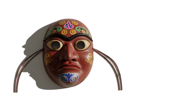 Close up of a decorative red mask with painted designs and string ties against a black background on transparent background