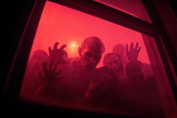 A chilling scene of zombies pressing against a foggy window, illuminated by an eerie red light, creating a suspenseful and horror-filled atmosphere.