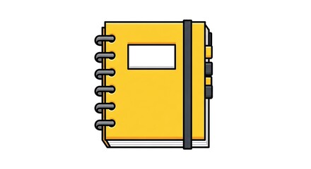 A yellow notebook with a spiral binding and a black elastic band holding it closed with tabs visible