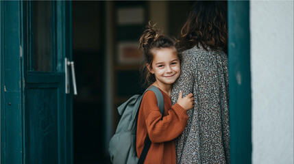 Fototapeta premium Little girl hugging her teacher at the school entrance