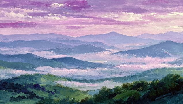 Panoramic vista of misty mountains at dawn.  Purple-pink sky bleeds into hazy, bluish mountain ranges.  Rolling hills and forests are veiled in layers of mist.  Painterly brushstrokes create a soft.