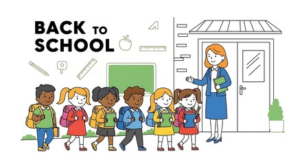 Back to school illustration with teacher and students heading to the school building entrance door