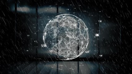 Faint lines drifting forming spinning data globe with numbers under rain effect showing data growth - Powered by Adobe