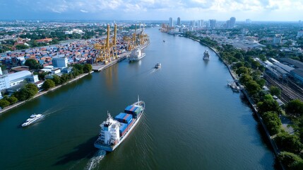 Fototapeta premium Exploring global trade logistics aerial view of shipping infrastructure worldwide infographic urban landscape high altitude trade connections