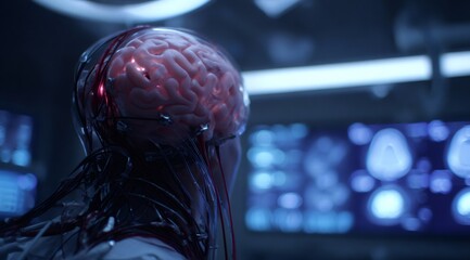 A cybernetic human head with a visible, glowing brain and exposed wiring, representing artificial intelligence. Conceptual image for robotics.