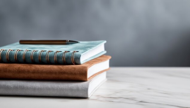 Stack of notebooks with a pen. Soft-colored notebooks, light teal, light brown, and light gray, rest on a marble surface against a muted gray background. - Powered by Adobe