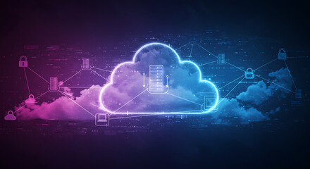 Digital cloud computing with neon glow and data streams