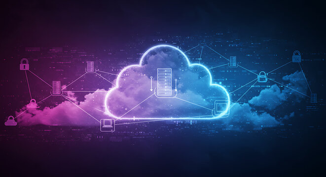 Digital cloud computing with neon glow and data streams - Powered by Adobe