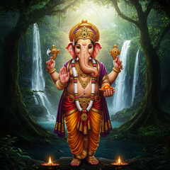 Fototapeta premium Ganesha divine elephant god in lush jungle Hindu Hinduism