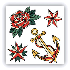 The image you’ve uploaded is a vibrant collection of vintage tattoo flash designs, featuring traditional American tattoo motifs such as roses, hearts, daggers, wings, keys, and banners with words like