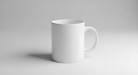 A plain white ceramic mug sits on a minimalist white background.