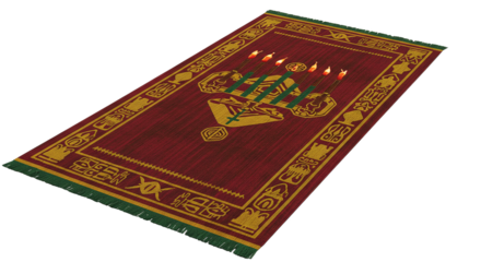 A kwanzaa rug with kinara, mishumaa saba, mkeka, and mazao on a dark background, angled perspective on transparent background