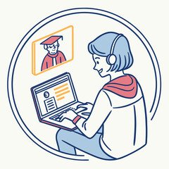 Student attending an online class via video conference on a laptop wearing headphones and a graduation cap