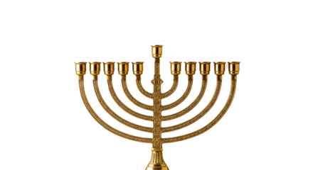 A golden menorah with nine candle holders on a black background in a centered composition on transparent background