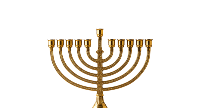 A golden menorah with nine candle holders on a black background in a centered composition on transparent background