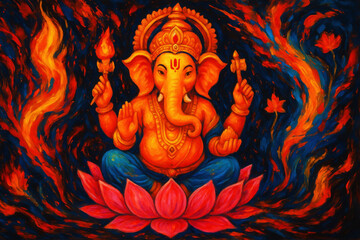 Obraz premium Ganesha seated on lotus surrounded by flames Hindu