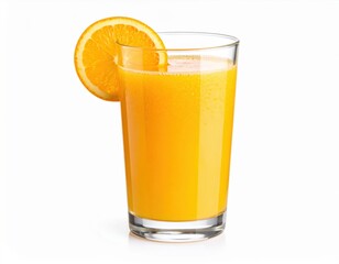 Vibrant orange juice fills a clear glass, decorated with a fresh orange slice on the rim, offering a refreshing and healthy beverage choice.