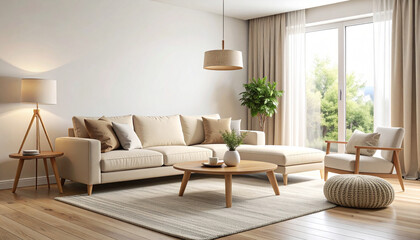 Cozy minimalist living room with comfortable sofa scandinavian design bright environment home aesthetic perspective