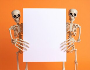 Two plastic skeleton figures stand together on a bright orange background, each holding onto a large blank white sign ready for custom text or a special message.