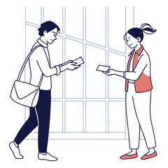 Two people exchanging small papers or cards in front of a window with a grid pattern