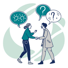 Two people shaking hands with speech bubbles showing ideas and questions during a collaborative discussion
