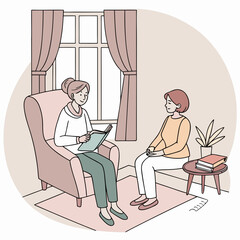 Two women are sitting in a living room one reading a book aloud to the other