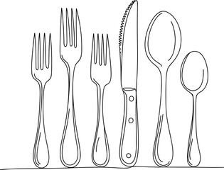 Kitchen utensils illustration, forks, knife, spoons, cutlery set, cooking tools, tableware, black and white drawing, home kitchen, dining essentials