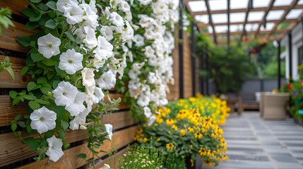 Fototapeta premium White petunia flowers cascade down a wooden wall in a vibrant garden