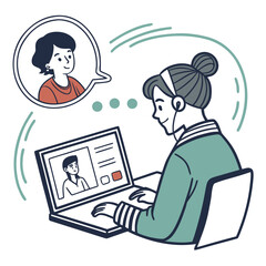 Young woman wearing headphones and a headset communicates with a friend via video call on her laptop