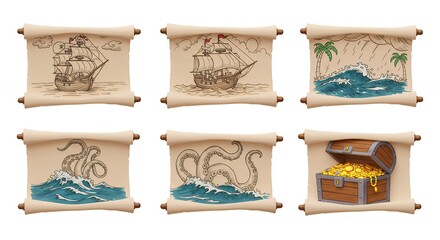 Antique style pirate treasure maps scrolls set