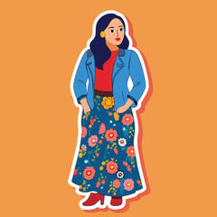 Illustration of a stylish woman wearing a floral skirt and blue jacket on an orange background