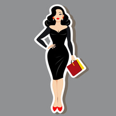 Elegant Woman in Black Dress Holding Shopping Bags Cartoon Style Illustration on Gray Background