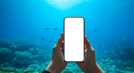 Underwater Smartphone Mockup Blank Screen Ocean Coral Reef Tropical Fish Mobile Technology