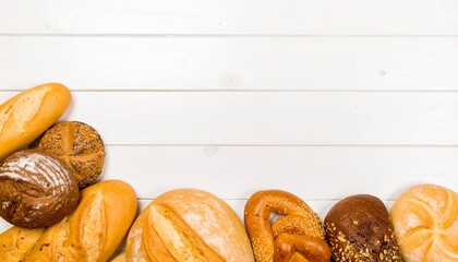 Assortment of multi bakery baked breads on white wooden table background. Suitable for marketing or business purposes. Panoramic banner with place for text