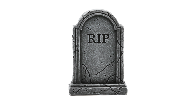 Isolated gray tombstone with rip inscription and cracks on a black background in a studio shot on transparent background