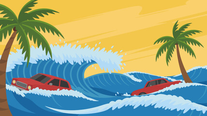 Vector SVG Illustration of Tropical Beach Scene with Palm Trees and Cars in Flat Style Bright Colors